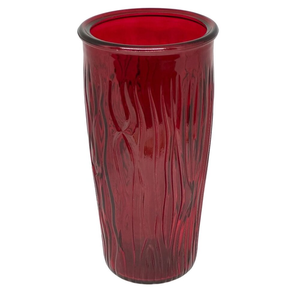 VTG Ruby Red‎ Art Patterned Glass Vase 9.5" Bark Textured MCM Home Accent Decor